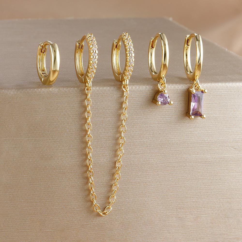4pcs Fashion Colorful Zirconia Chain Square Earrings Set for Women Two Hole Round Circle Gold Color Hoop Earring Wedding Jewelry