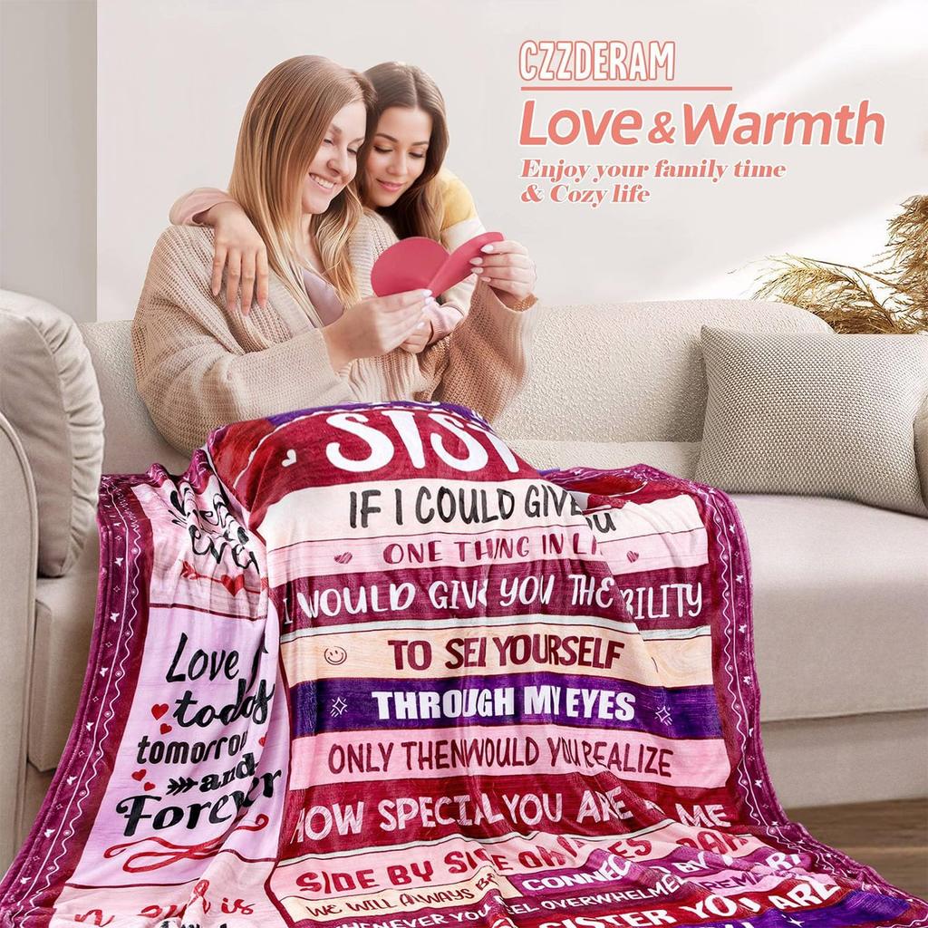 1pc Red Flannel Blanket To My Sister Printed for Home Bedroom Decoration Warm Soft Comfertable Office Blanket for Sofa Chair
