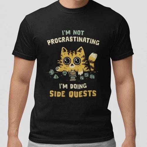 Cute Cat Side Quests Gamer Tee Funny Procrastinating RPG Dice Graphic T-Shirt XXL