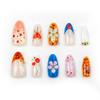24PCS Colorful 3D Cherry Flowers Almond False Nails with Glue Leopard Print French Press on Nails Full Cover Golden Heart Nails