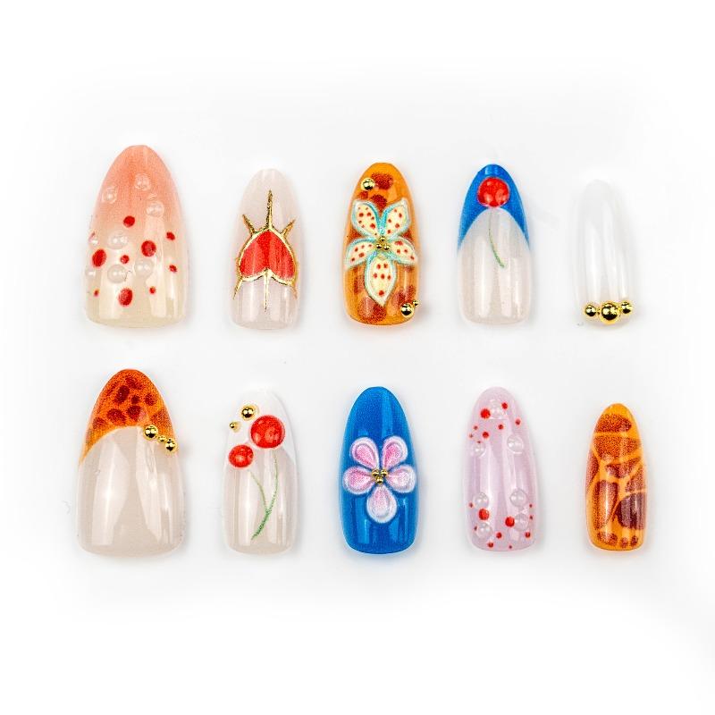 24PCS Colorful 3D Cherry Flowers Almond False Nails with Glue Leopard Print French Press on Nails Full Cover Golden Heart Nails