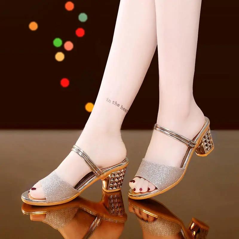sandalias femininas women cute silver peep toe high quality anti skid square heel shoes lady fashion golden sexy sandals ab552