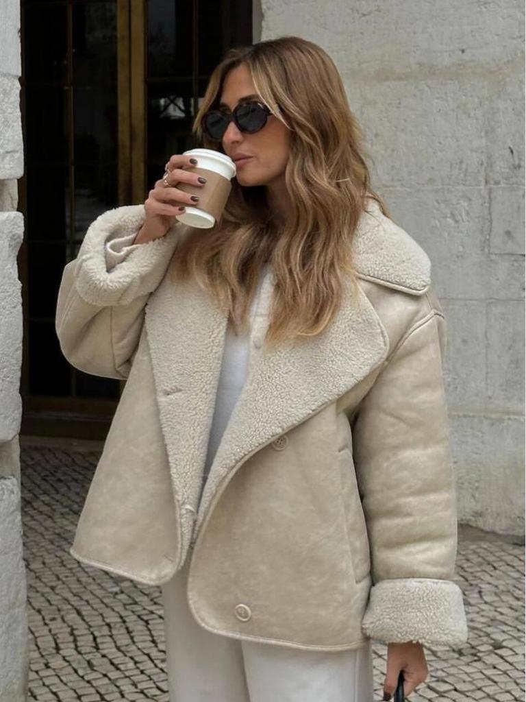 2025 Autumn/Winter Women's Lapel Shearling Suede Fleece-lined Warm Coat A14063