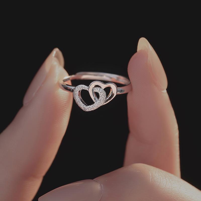 Banyan Tree S925 Silver Frosted Double Love Ring for Women - Elegant and Versatile Heart-to-Heart Gift