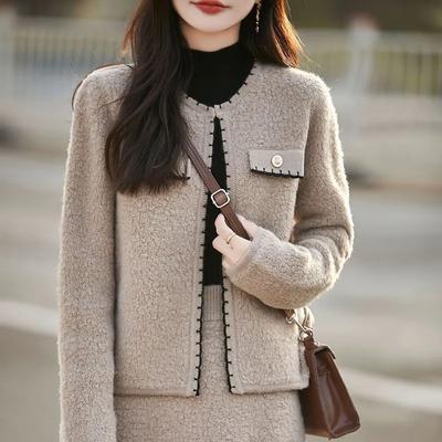 Pulover Gât Rotund Cardigan Tricotat Culoare Solidă Jachetă Stil Occidental Top Cămașă de Fund pentru Femei