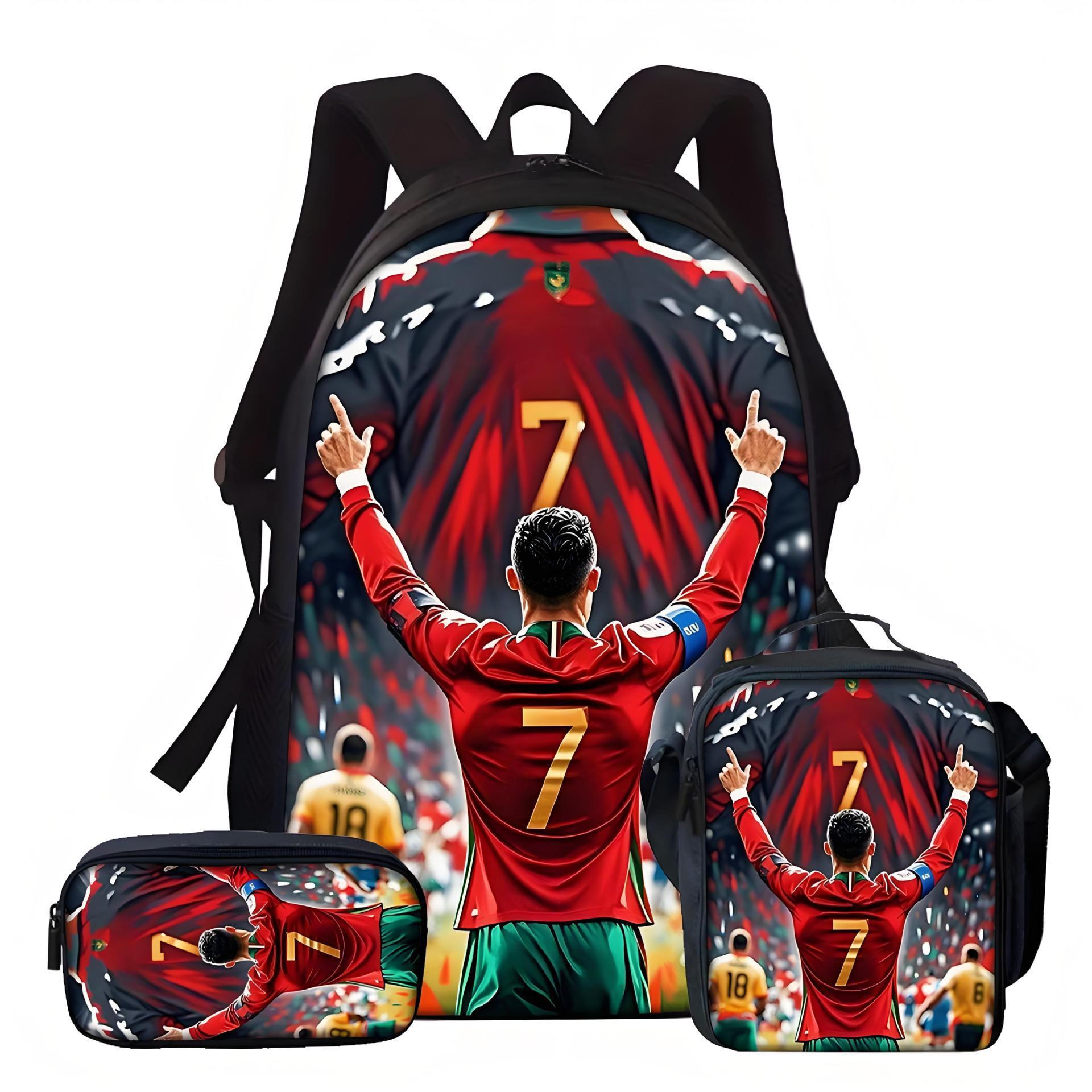 Fußballspieler Aufdruck Rucksack Drei-Teile-Essensbeutel Federmäppchen Schüler Große Kapazität Schultasche Three piece set