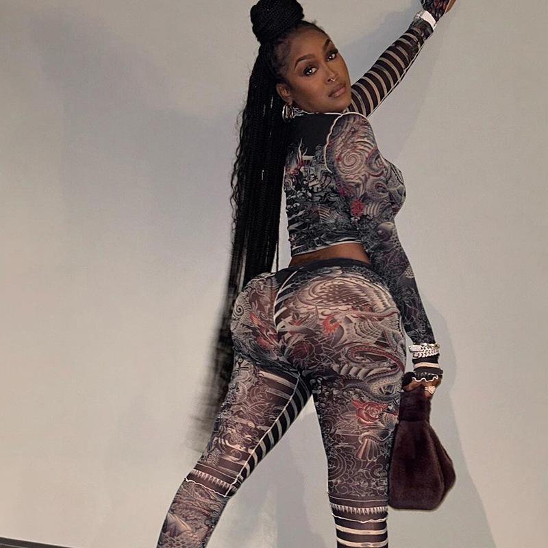 2025 Autumn Women's Sexy Mesh See-Through Print Top & High Waist Casual Pants Set