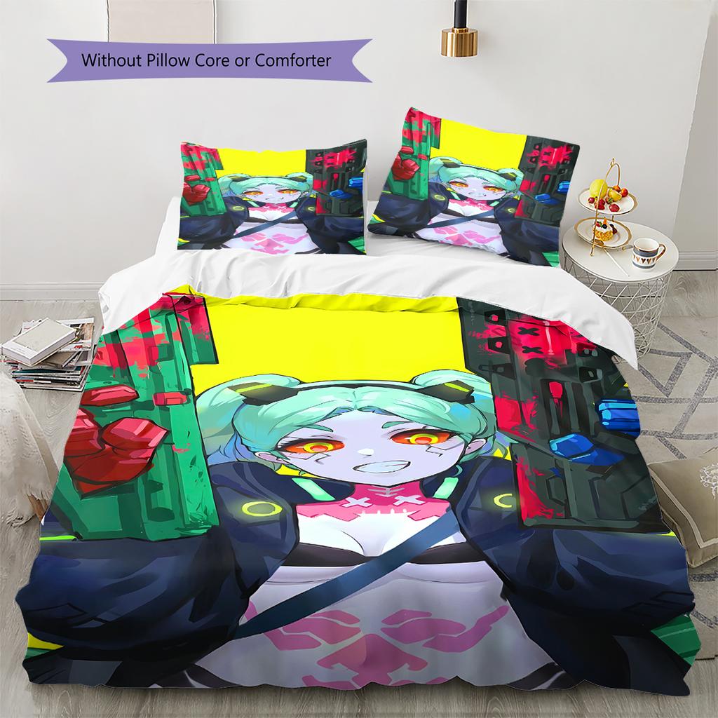 Cyberpunk Edgerunner Muster Bettwäsche, Steppbett Set Bettbezug Kissenbezug Zuhause Geburtstagsgeschenk (1 Bettbezug + 2 Kissenbezüge, ohne Füllung)