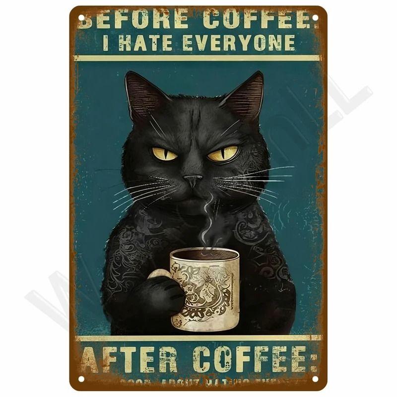 

Black Cat Coffee Metal Sign Retro Humor Text Interior Decor 20x30cm