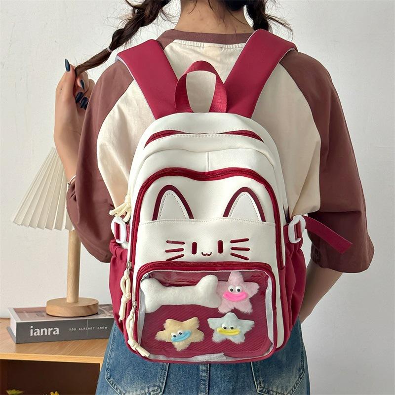 Zaino Gatto Kawaii Ita Bag Grande Capacità Zaino Scolastico in Nylon con Tasca Trasparente per Pin Zaino Anime Carino per Ragazze
