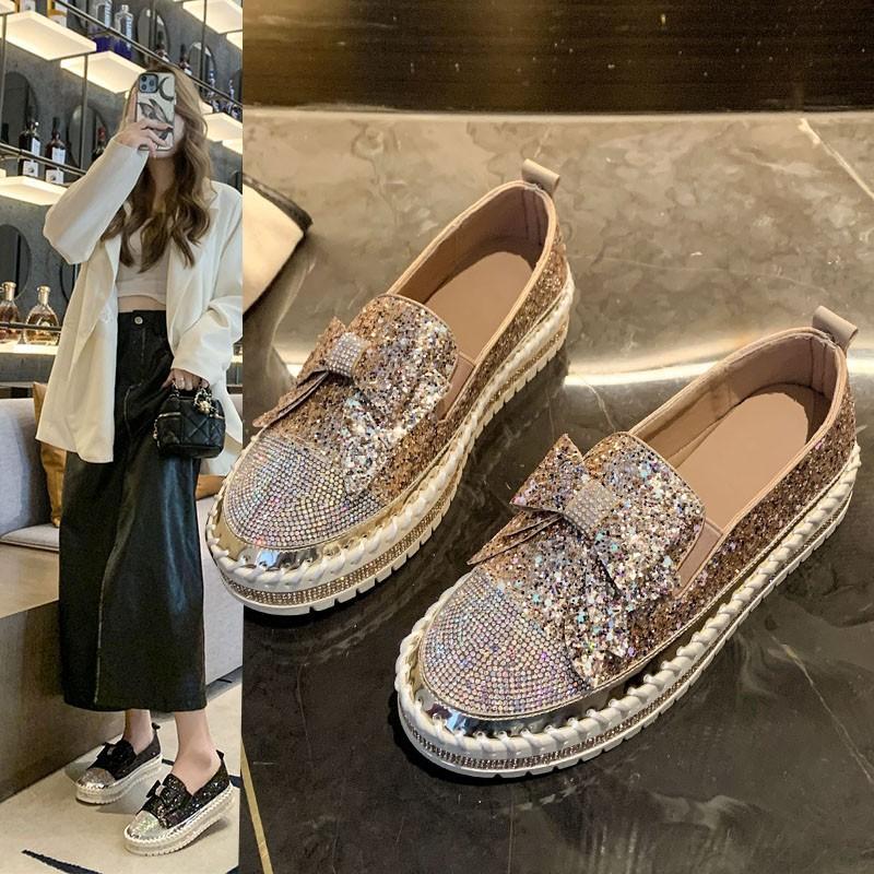 Full of Diamonds New Single Shoes Bow Accessories Large Size Casual Shoes Simple Fashion Sports Shoes