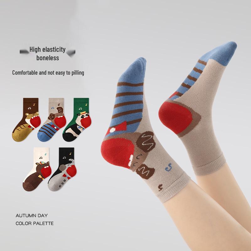 Children's Cartoon Animal Cotton Socks - 2025 Autumn/Winter Collection, Seamless Color Block Sporty Style for Boys