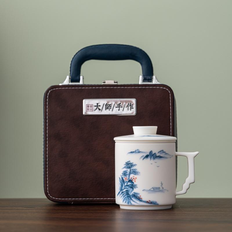 

Hand-painted office cup, plain-fired suet jade porcelain ceramic cup, graduation season gift, business company annual meeting gift tea set 401-500ml