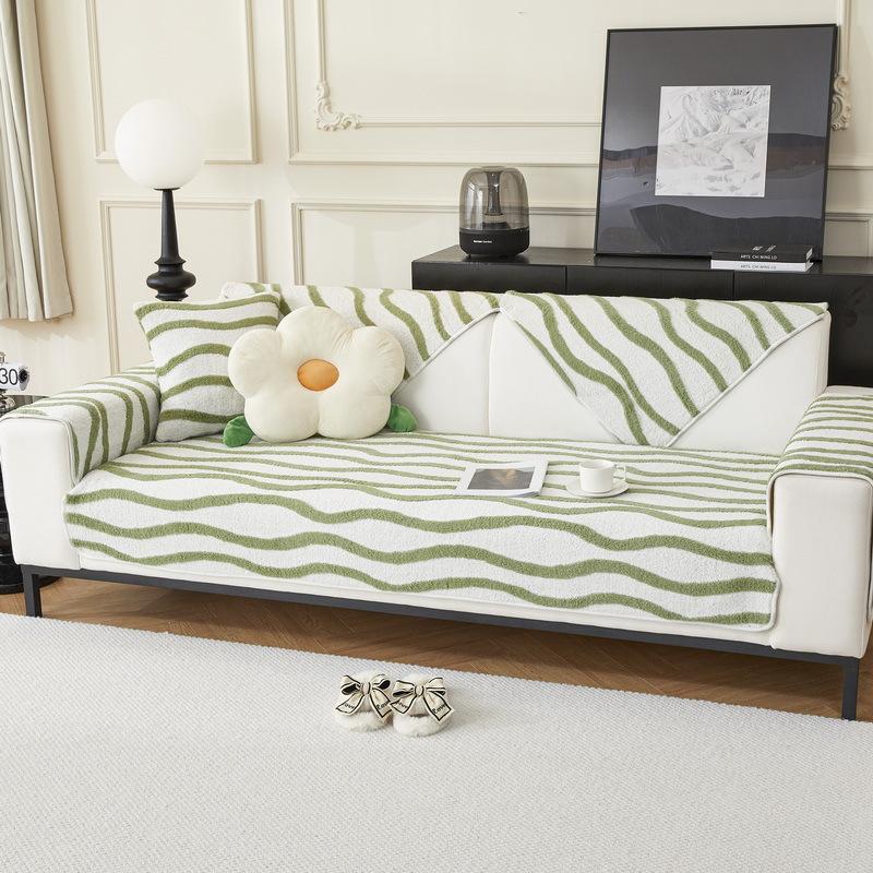 Plush Skin Friendly Sofa Cover Winter Minimalist Style Wave Patterned Fabric Sofa Cover Non-slip Anti Cat Scratch Couch Cover