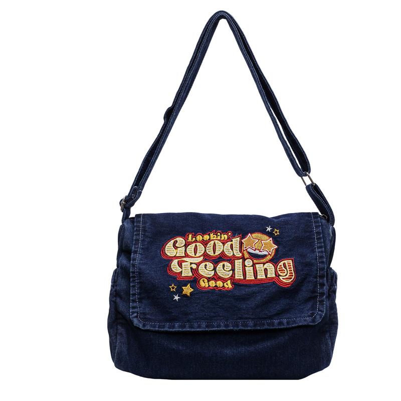 Large Capacity Denim Bag Student Class Crossbody Bag Letter Embroidery Women Commuter Tote Bag
