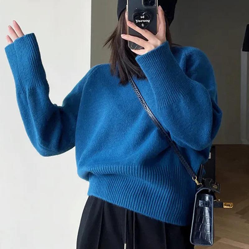 Autumn Winter Round Neck Simple Fashion All-match Knitting Top Women Casual All-match Solid Pullover Sweater