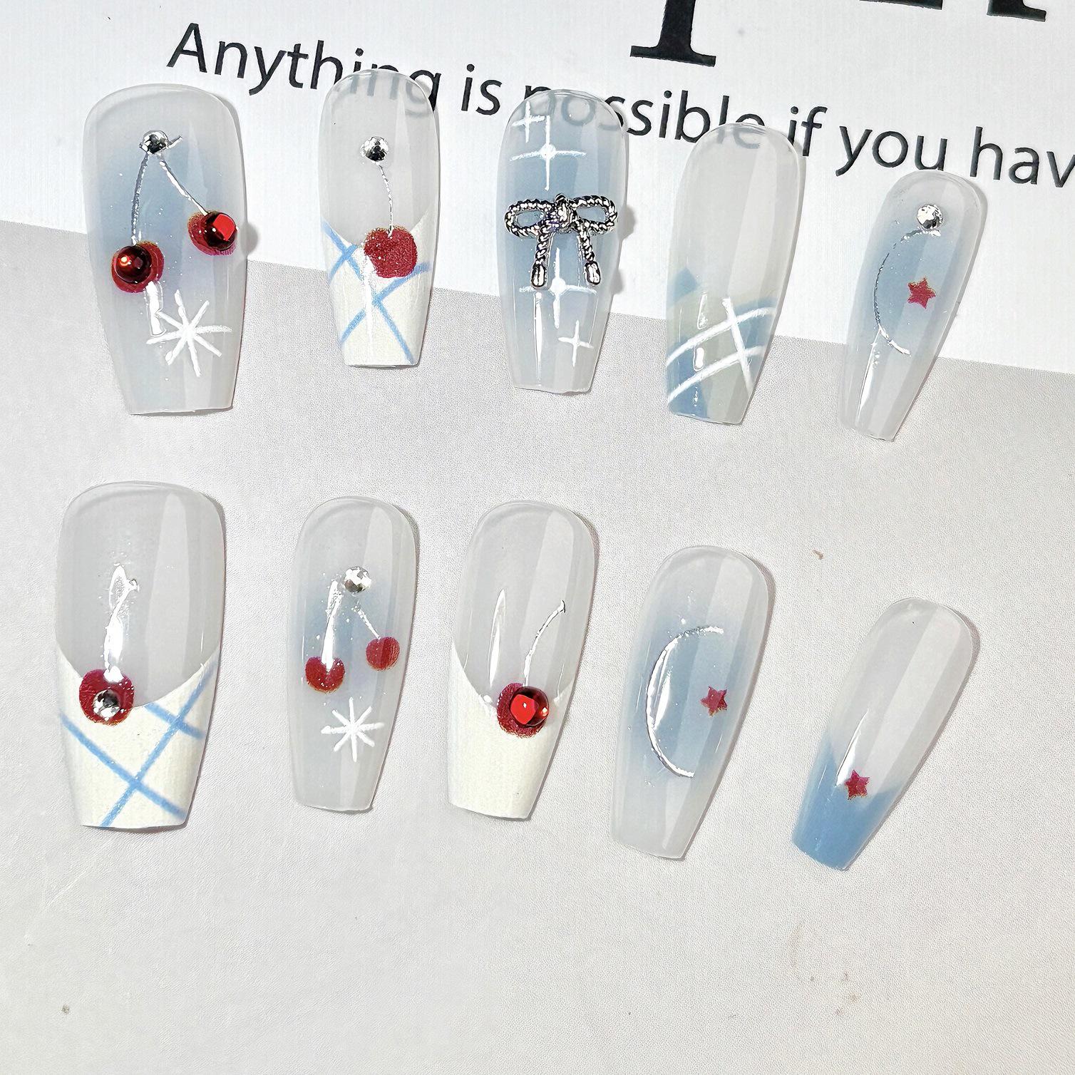 

2025 Spring/Summer Blue Ombre Cherry Bow & Star Rhinestone Wearable Nail Patches