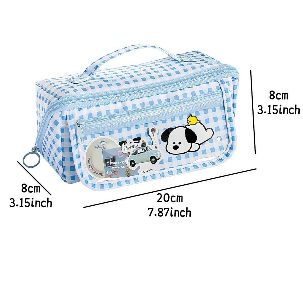 Cute Plaid Puppy Large Capacity Pencil Case Multi-Function Cartoon Stationery Bag with Prism Design Stain Resistant