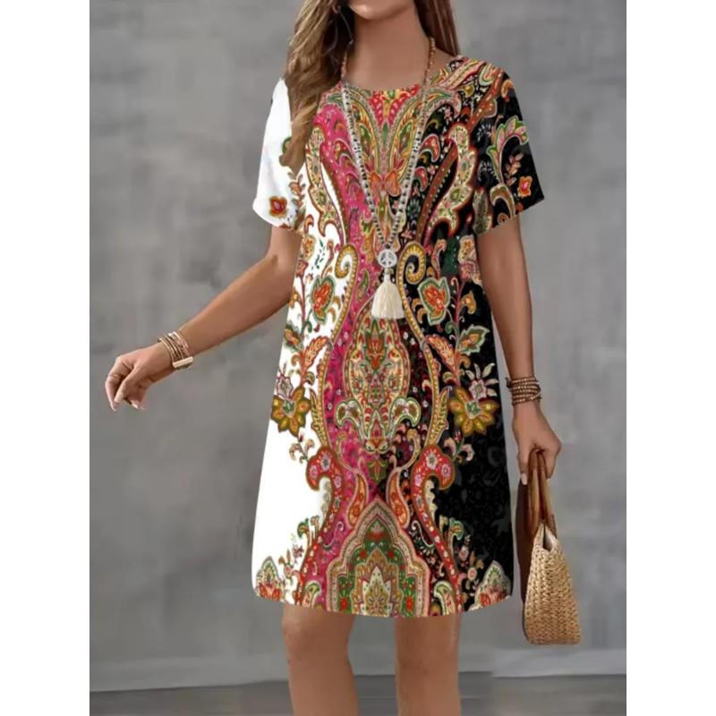 Patterns Women Mini Dresses Summer Short Sleeve Printed Plus Size Casual Comfortable Soft Dress