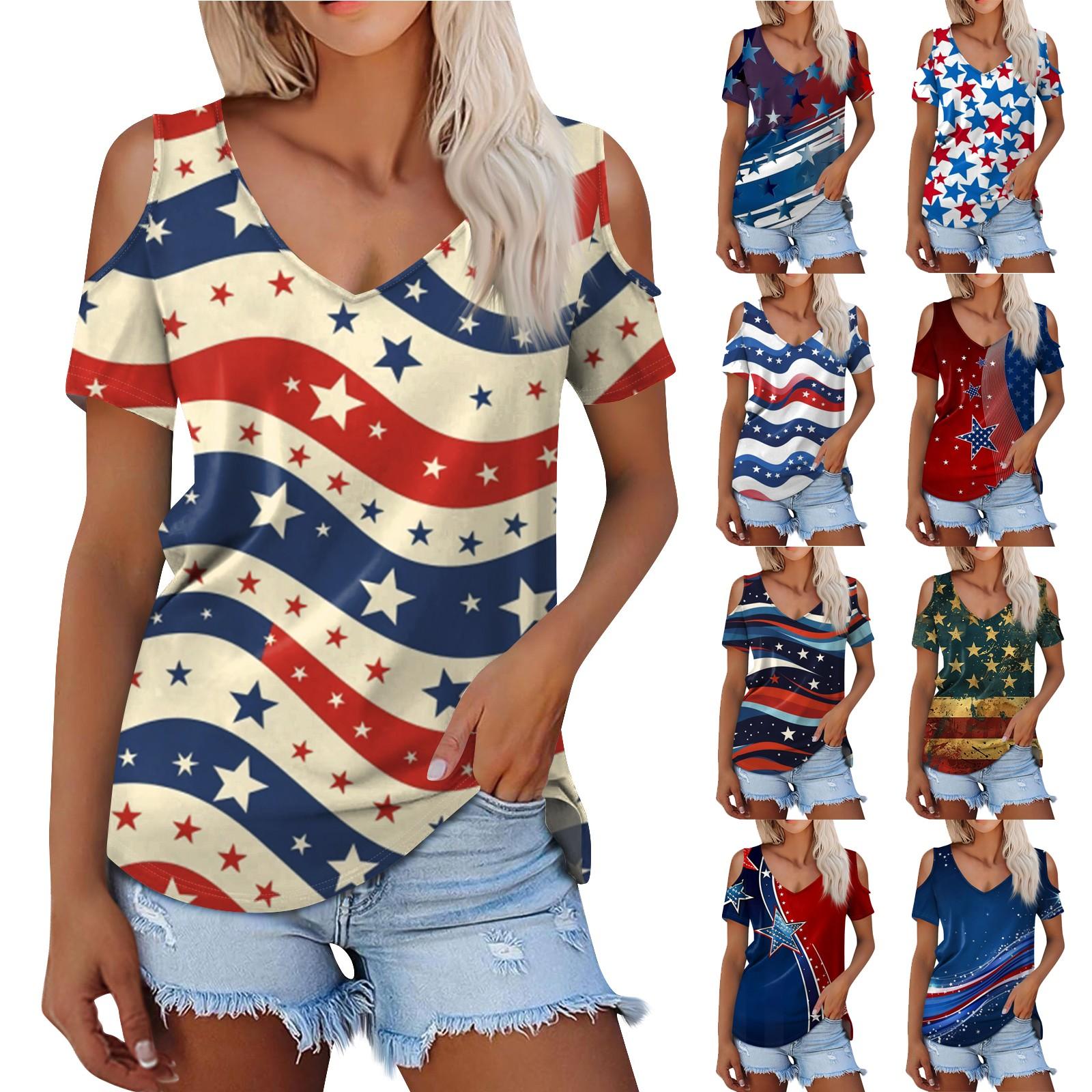 

Женская летняя модная повседневная футболка с открытыми плечами и v-образным вырезом с коротким рукавом и принтом, топ XXL синий