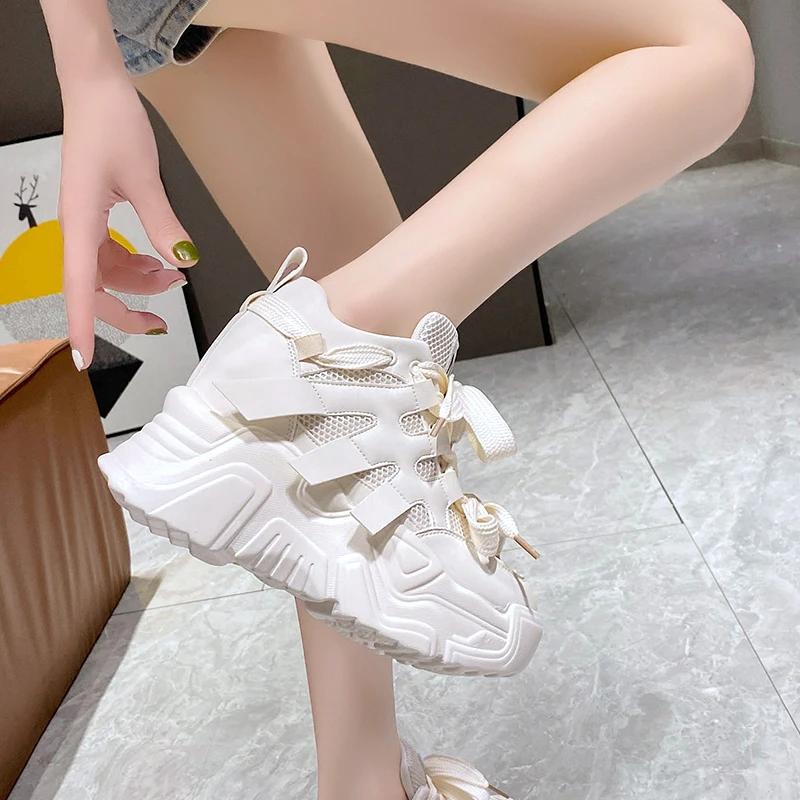 Fashion Women Autumn Leather Sneakers 10CM Heels White Mesh Casual Shoes New Fashion Woman Trainers Lace-Up Breathable Platform Sneakers