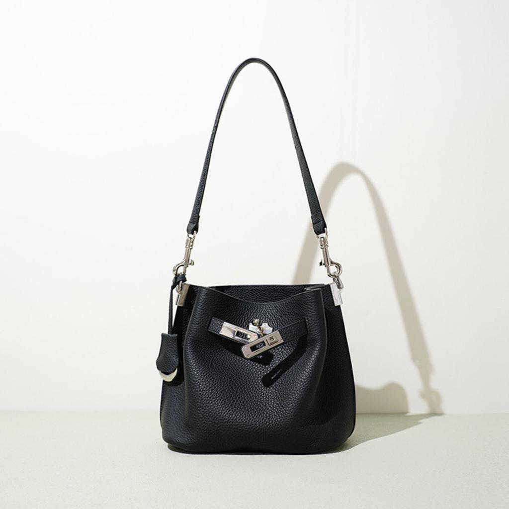 Klassische Damen-Tasche erste Schicht Rindsleder Einkaufskorb Eimer-Tasche einfarbig vielseitig Mode große Kapazität Leder Schulter-Achsel-Tasche