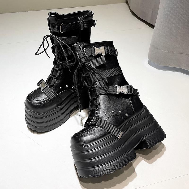 Fashion 13.5CM,17CM Women Punk Boots Autumn Platform Outdoor Leather Sneakers Chunky Motorcycle Boots Nightclub Party Cosplay Shoes