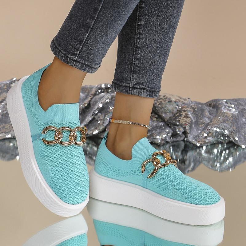 

Женские однотонные туфли на толстой подошве из дышащего трикотажа, с декоративной цепочкой, закрывающие стопу, ленивое желание 43 небесно-голубой