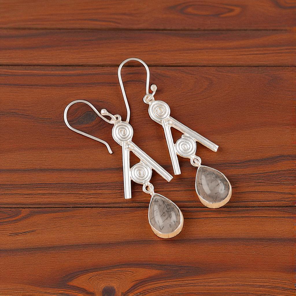 Rare Black Rutile Gemstone 925 Sterling Silver Jewelry Handcrafted Earrings 2.4" EE-86-23