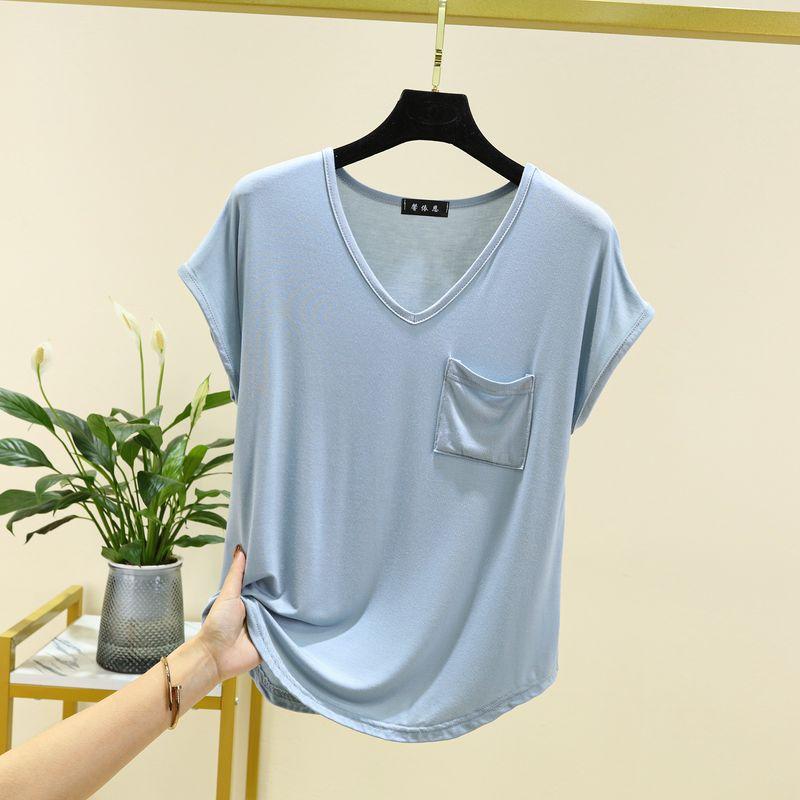 

Modal V-neck Sleeveless Bottoming Shirt Women Summer Thin Outer Wear Pocket Top Plus size Slimming Casual T-shirt Light blue M (recommended 40.00 kg-55.00 kg