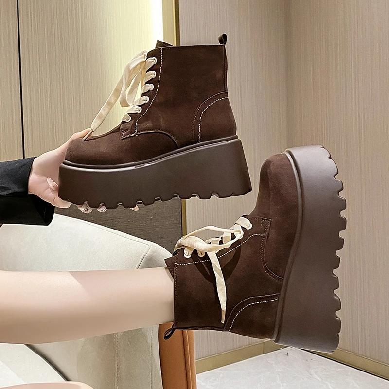 Fashion 8CM Women Flock Ankle Boots Winter Warm Fur Chunky Sneakers Lace Up Non-Slip Punk Shoes Breathable High Platform Motorcycle Boot