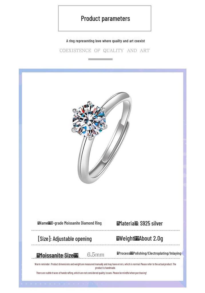 Eleganter S925 Sterling Silber Moissanit Ring für Damen - Ein Karat, Sechs-Krallen-Design, Leichter Luxus Mode, Perfektes Geburtstagsgeschenk