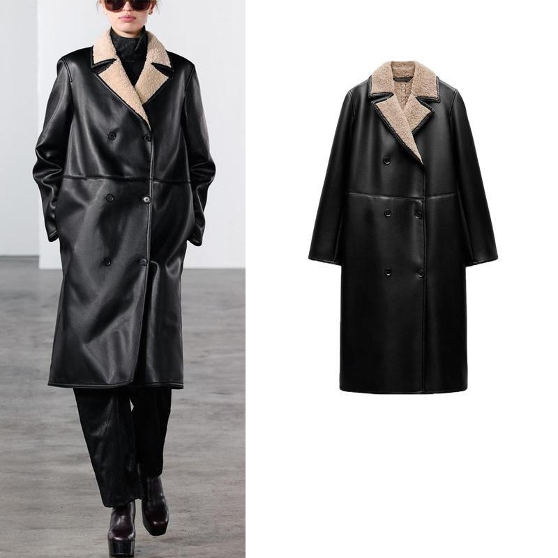 Fall and Winter New Women's Clothing French Double Breasted Poly Urethane Leather Long Sleeves Lapel Double-Sided Coat Outwear 2969260
