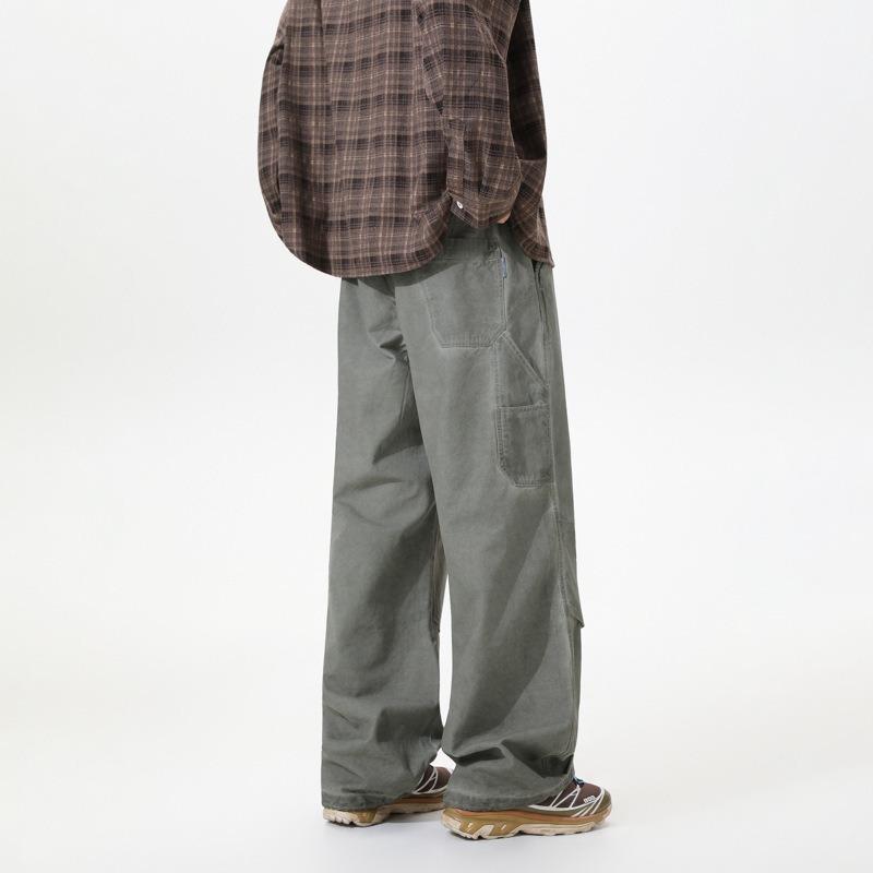 Autumn and winter elastic pure cotton overalls wear-resistant multi-bag fashion simple paratrooper pants men's loose straight wide-leg casual pants