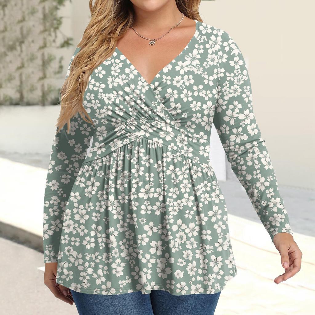 Dámská košile plus size s dlouhým rukávem, potisk, plisovaný ležérní top s výstřihem do V