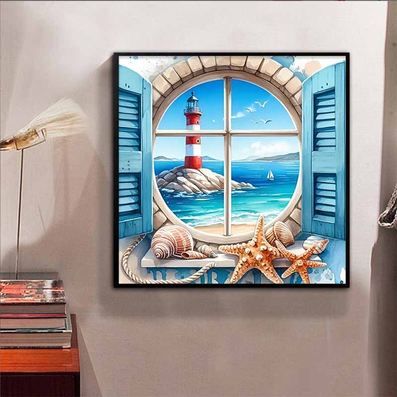 New Arrival 5D DIY Full Circle Diamond Painting "Window Seaside" Embroidery Cross Stitch Home Decor Gift