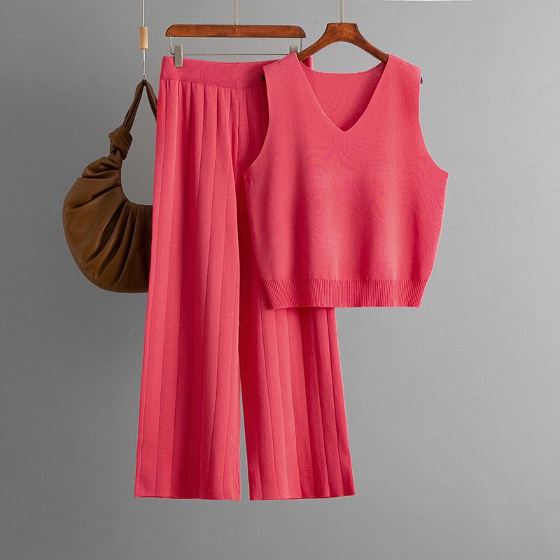 

Summer fashion suit collar solid color knitted vest top + high waist casual wide leg two-piece set one size fits all арбуз красный