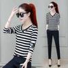 Korean All-match Striped Slim T-shirt Female Clothing Casual V-Neck Spliced Spring Autumn New Commute Long Sleeve Pullovers