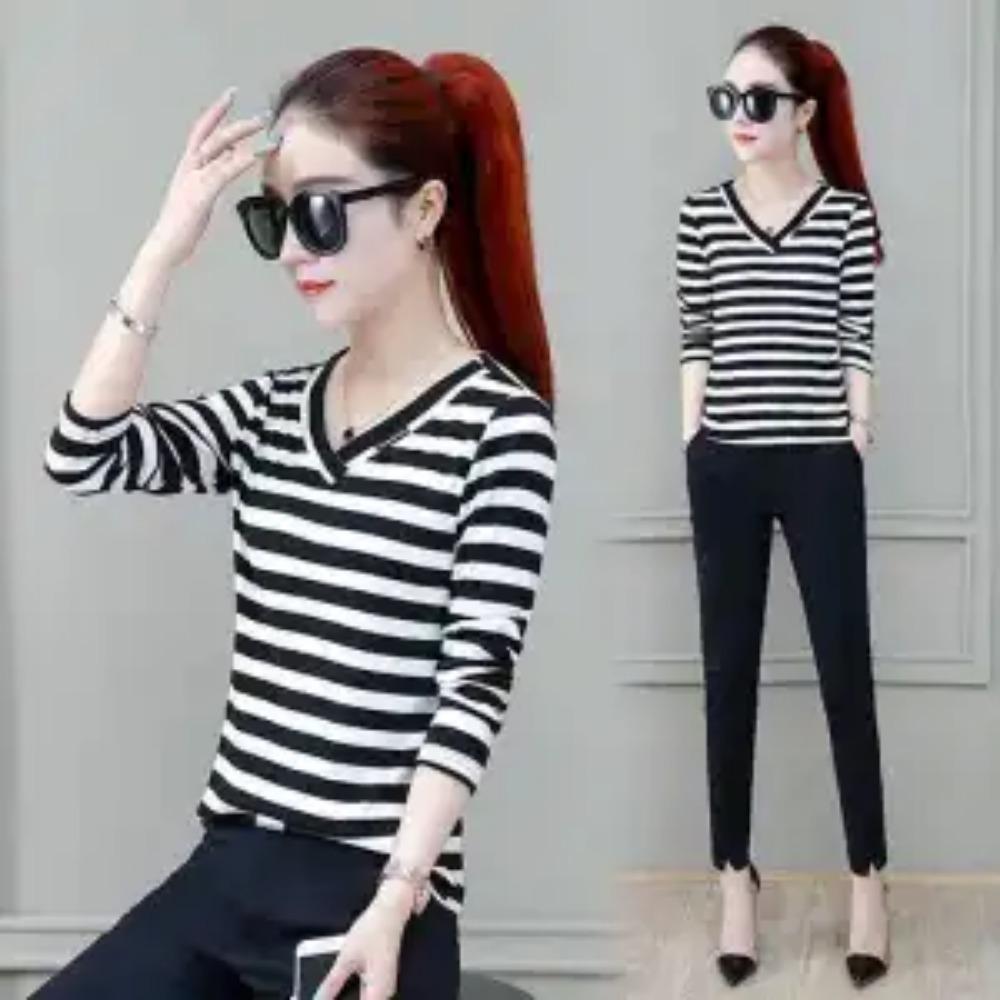 

Корейская универсальная полосатая приталенная футболка Женская одежда Повседневный V-образный вырез Сшивная Весна Осень Новинка Для работы Пуловеры с длинным рукавом 5XL белый/чёрный