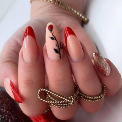 Valentines Day False Nail with Rose Designs French Tips Press On Nail Medium Almond Artificial Nail for Women 24 Pcs
