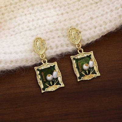 Elegant Vintage Style Square Oil Painting Frame Earrings