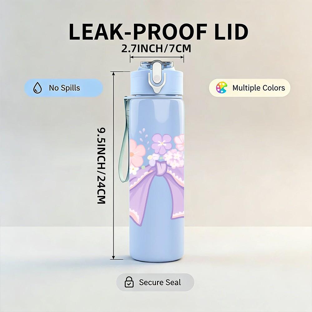 1PC Light Purple Bow Flower 750ml Color Plastic Sports Water Bottle Leakproof Flip Straw Lid Suitable for Sports Office Home Use