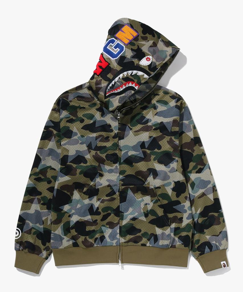 Bape Star Over Print First Camo Mesh Shark Crop Fit Full Zip Hoodie (M) Green