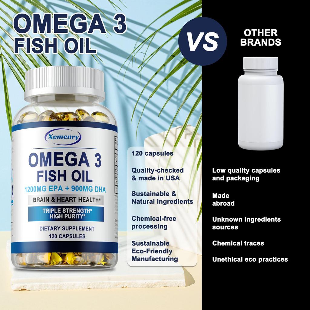 Premium Omega-3 fish oil capsules, rich in EPA 1200mg + DHA 900mg, promote brain, heart and eye health, and boost immunity.