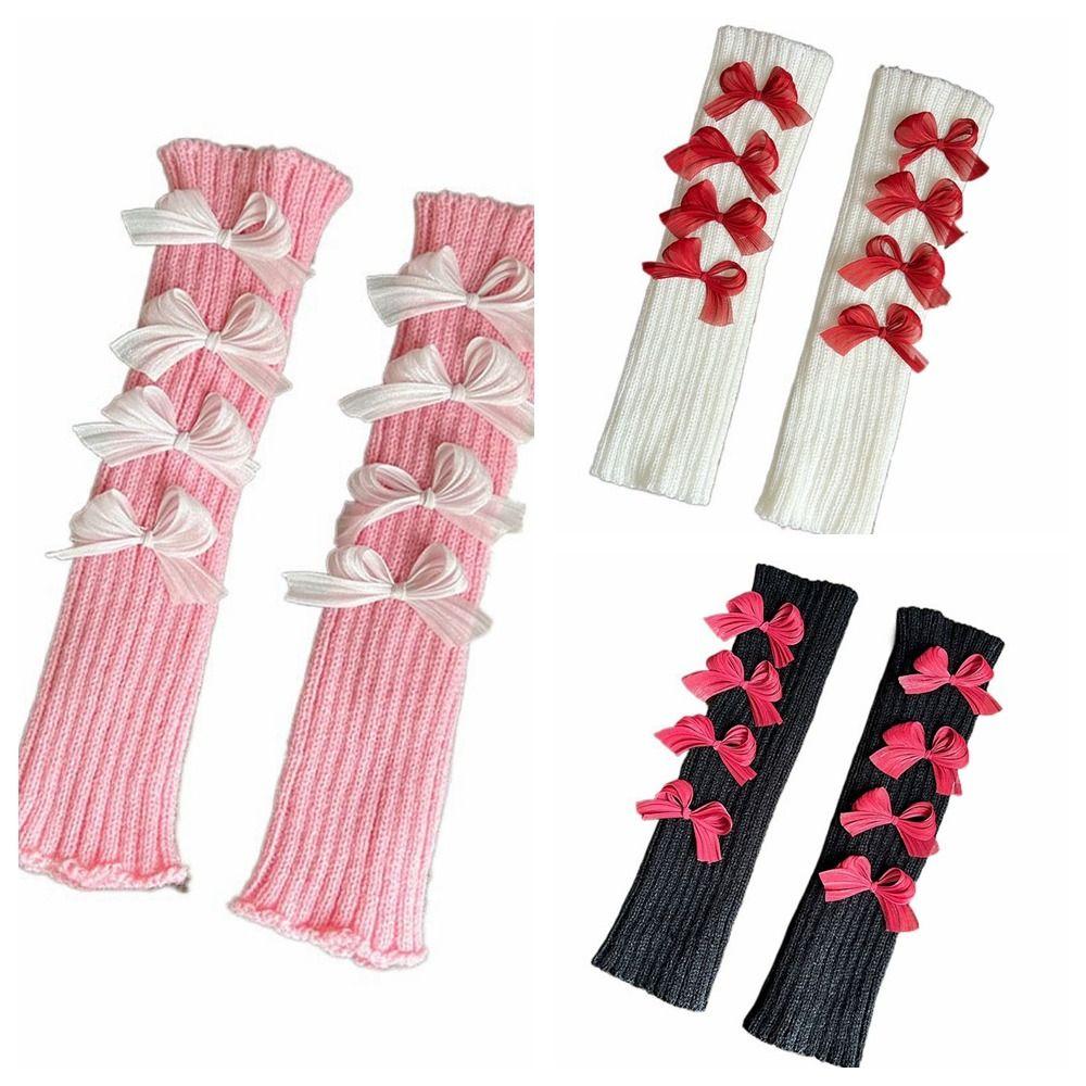 Solid Color Bow Knitted Gloves Y2k Wool Sleeve Cuff Elastic Fingerless Gloves  Ladies