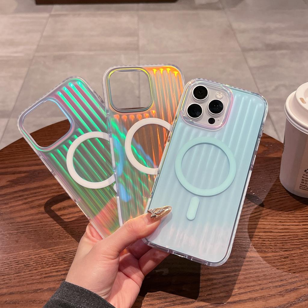 For iPhone 16 Pro Magnetic Case Dazzling Gradient Color PC+TPU Phone Back Cover Corrugated Design