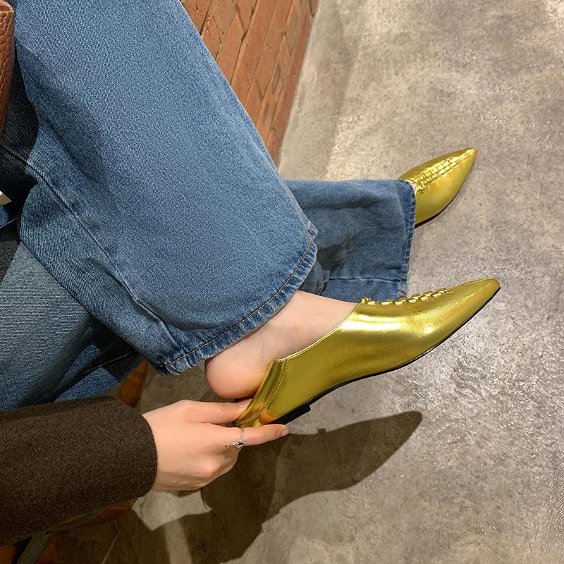 Fashion 2025 New Spring Pointed Toe Flat Heel Flats Genuine Leather Shoes for Women Concise Slip-on Handmade Women Mules Ladies Shoes