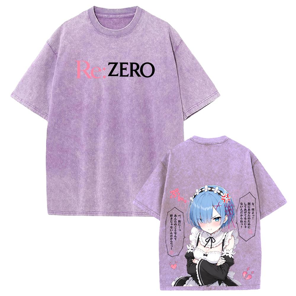 Cute Rem Re:ZERO Anime Printed T-shirt Harajuku Vintage Washed T Shirt Men Clothing Oversized Short Sleeve Cotton Tees Tops