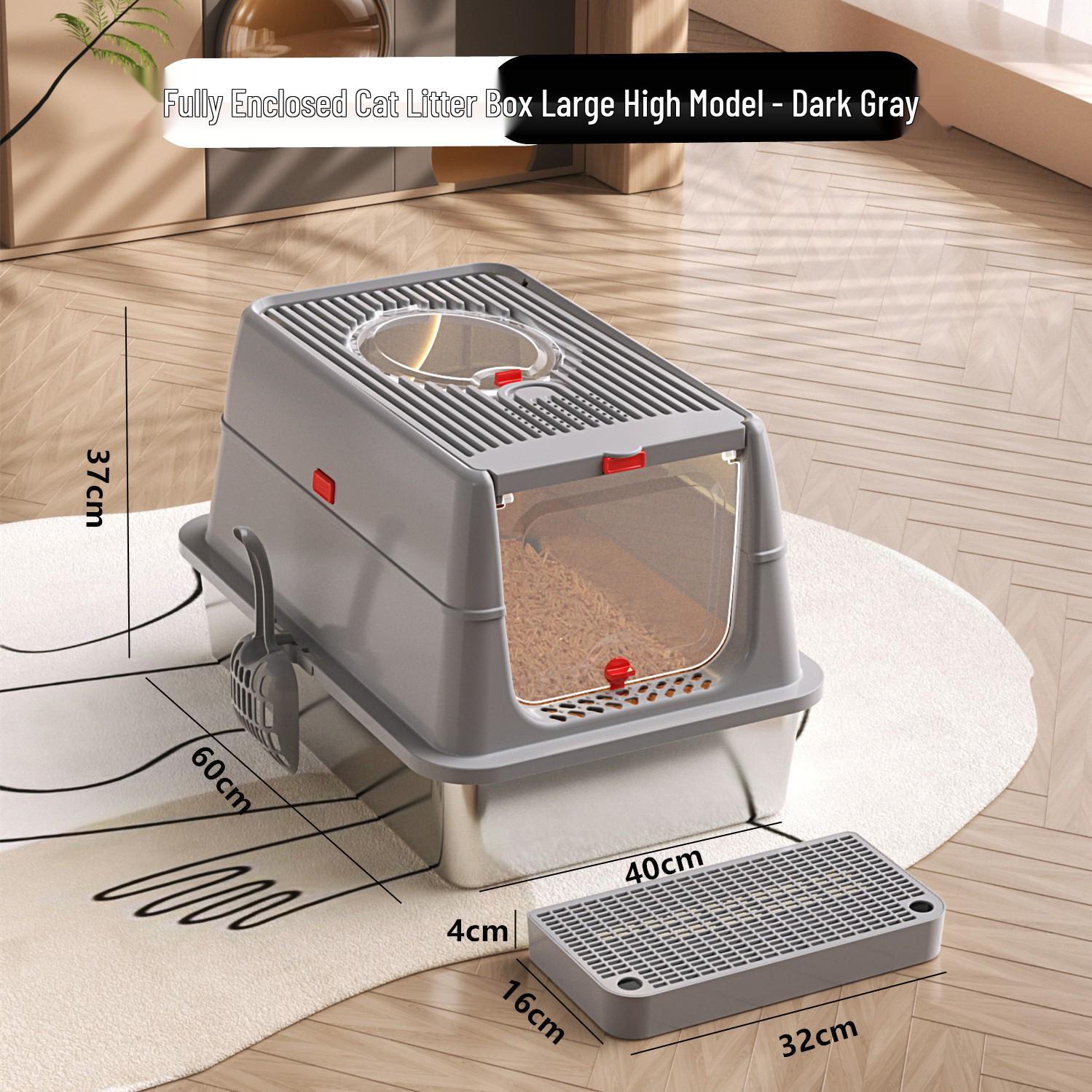 Extra Large Stainless Steel Cat Litter Box with Flip-Top for Easy Scooping Full Flip-Top Stainless Steel Cat Litter Pan шифер серый