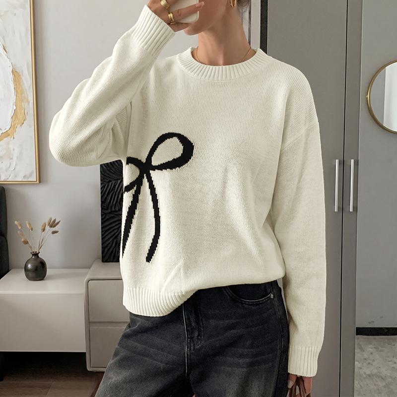 New Soft Style Asymmetric Bowknot Plaid Sweater for Women S